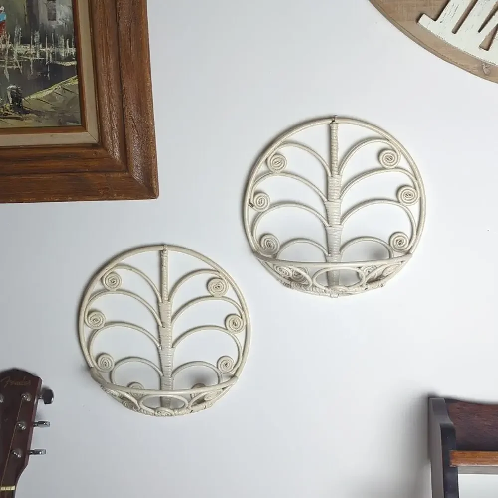 Vintage White Wicker Wall Pockets Set of Two Cottagecore Fairy Garden Wall Decor